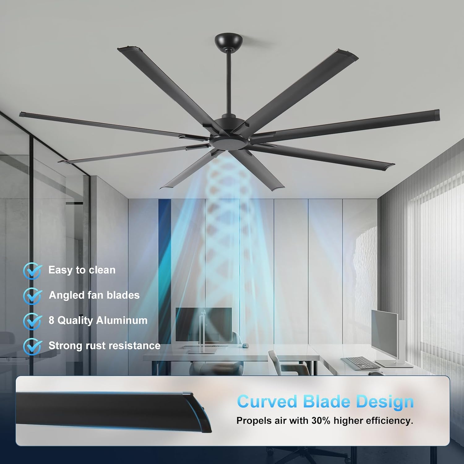 72' Industrial Ceiling Fan with Remote - 8 Blade Aluminum, 9,500 CFM Airflow, Quiet DC Motor, Indoor/Outdoor, 3 Downrods, Black Commercial Fan for Garage/Warehouse/Patio