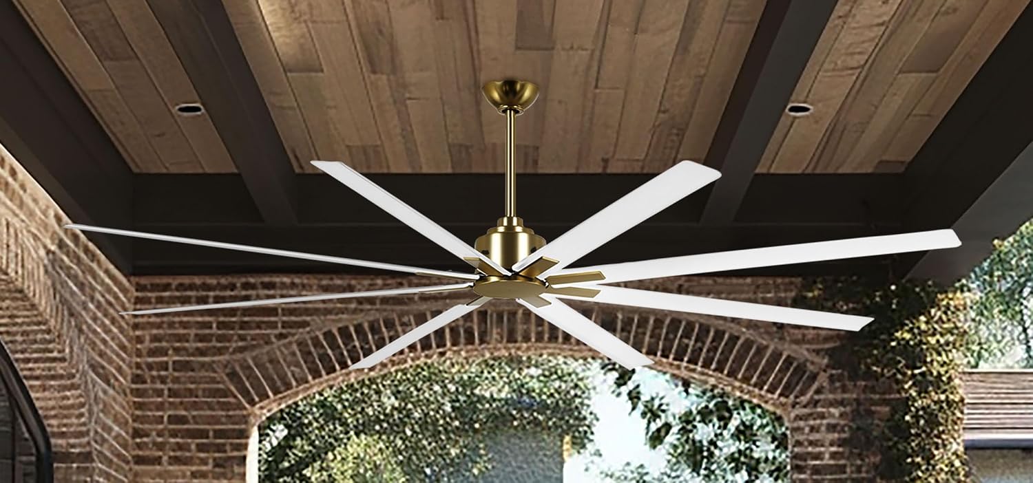 MINKA-AIRE F896-84-SBR/WHF Xtreme H2O 84 Inch DC Motor Outdoor Ceiling Fan with Remote Control in Soft Brass Finish with Flat White Blades