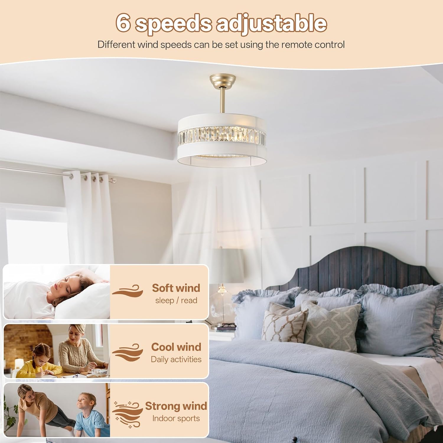 20' Gold Fandelier Ceiling Fan with Lights, Mid Century Gold Caged Ceiling Fans with Lights and Remote, Crystal with 6 Speeds for Bedroom, Living Room, Kitchen