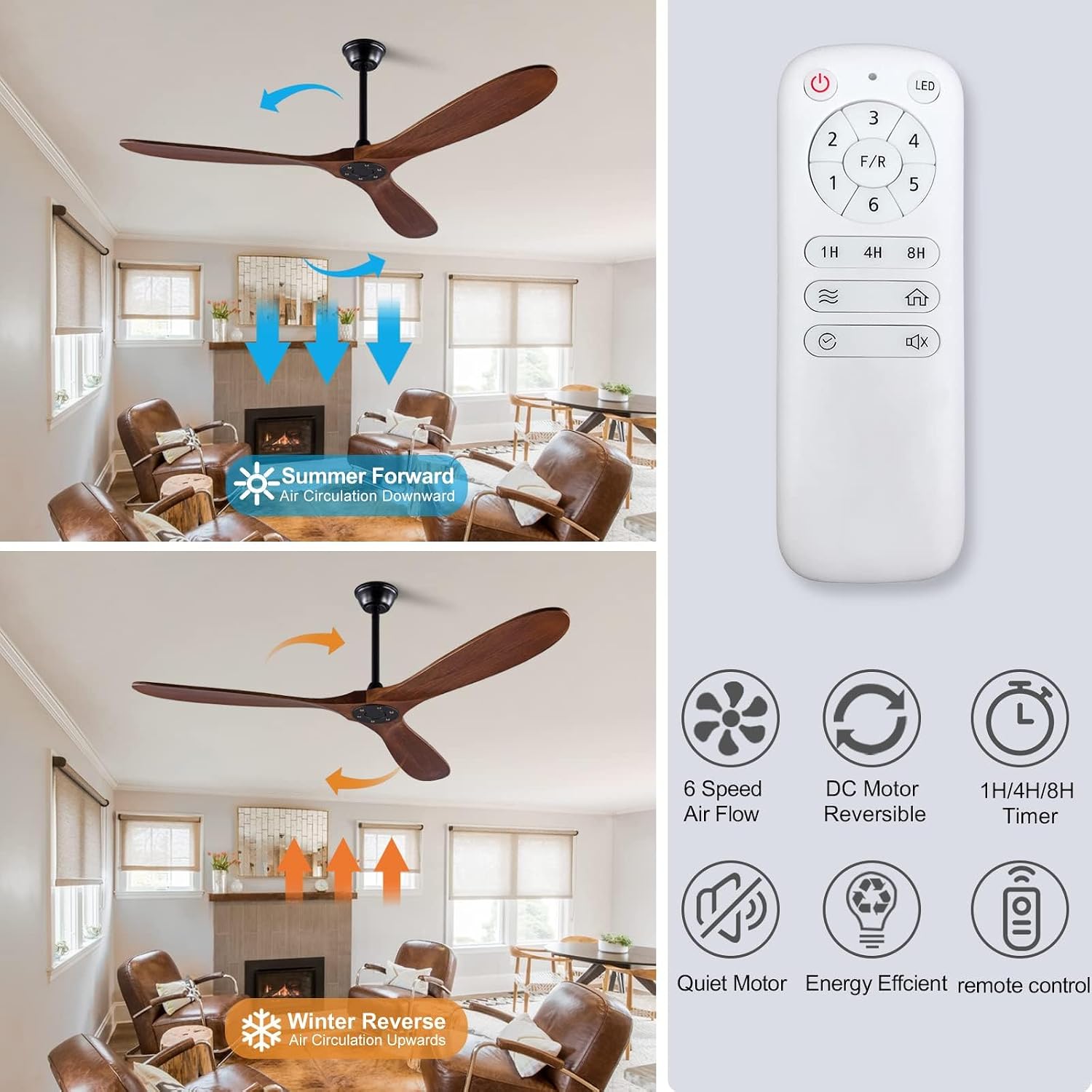 60 Inch Ceiling Fans Without Light, Solid Wood Ceiling Fan No Light with Remote and 3 Wood Blades,6 Speed Quiet DC Motor Indoor Outdoor Ceiling Fans for Patio, Living Room, Bedroom