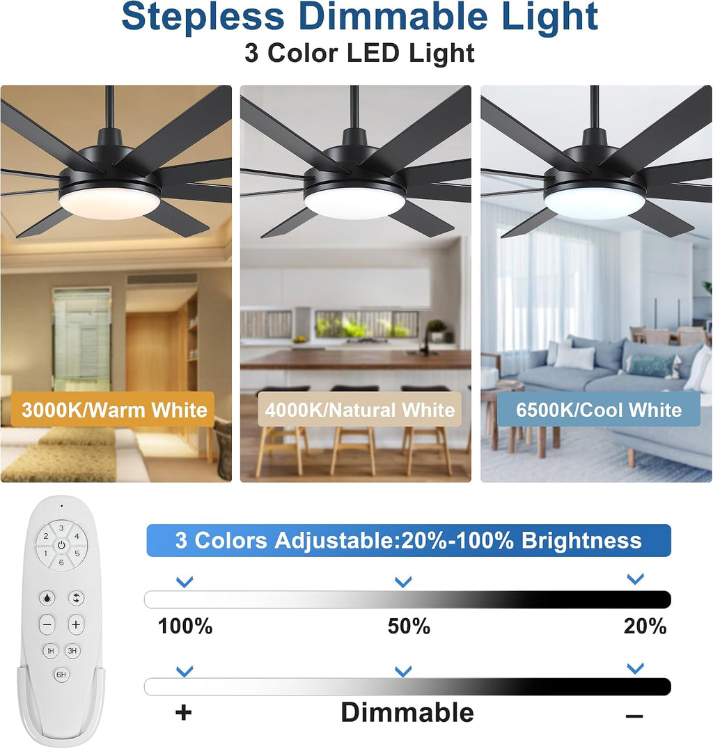 Ceiling Fans with Lights and Remote - 62 Inch Black Modern Ceiling Fan with Light for Bedroom Living Room Kitchen Indoor - 6 Speed Reversible DC Motor Timer 3 CCT Dimmable