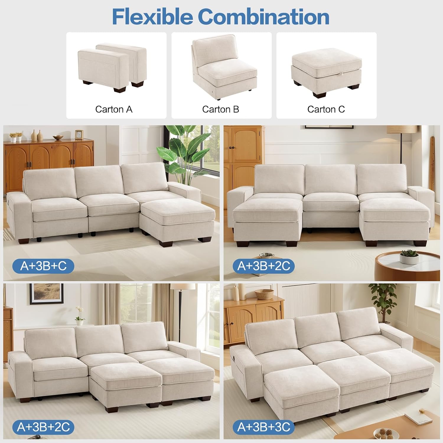 TEKAMON 100' Modular Sectional Sofa with Seats Storage, L Shaped Couch with Movable Ottoman for Living Room, Couch with Chaise, Solid Wood Frame, Spring Cushions, USB Port, Removable Covers, Beige