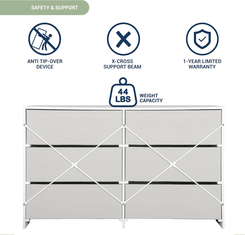 Modern 6-Drawer Dresser with Spacious Storage, Sturdy Wood Frame, Large Capacity Fabric Drawers, Dressers for Bedroom, Home Organization Storage for Living Room or Hallway, White