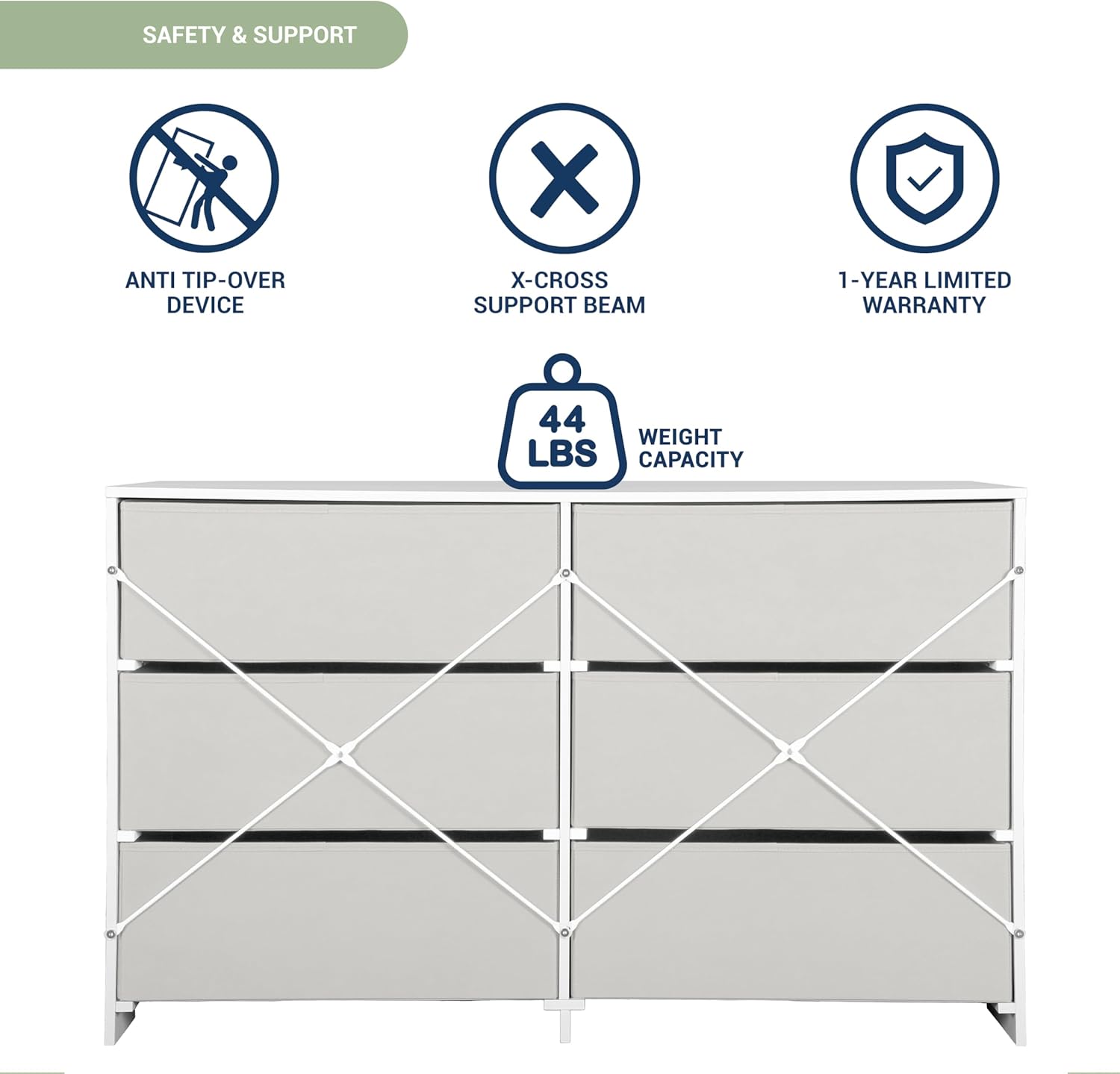 Modern 6-Drawer Dresser with Spacious Storage, Sturdy Wood Frame, Large Capacity Fabric Drawers, Dressers for Bedroom, Home Organization Storage for Living Room or Hallway, White