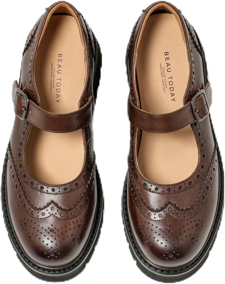 BEAU TODAY Mary Jane Shoes Women Mary Jane Flats Womens Oxford Wingtips Comfort Leather Round Toe Brogue Non-Slip Dressy Casual Cute Girls School Work Shoes