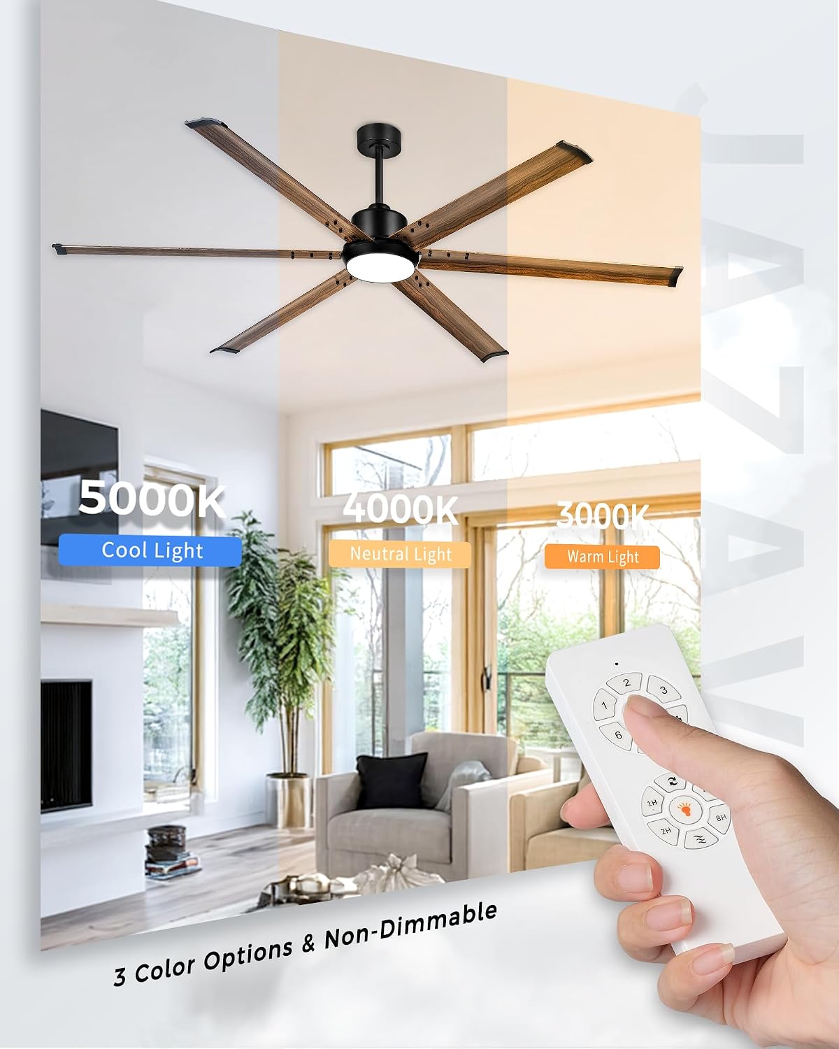 72 Inch Ceiling Fan with Light, Industrial Aluminum Blades, DC Motor 6 Speed Reversible,Covered Outdoor Patio Garage,Black & Walnut,CF06WD-72