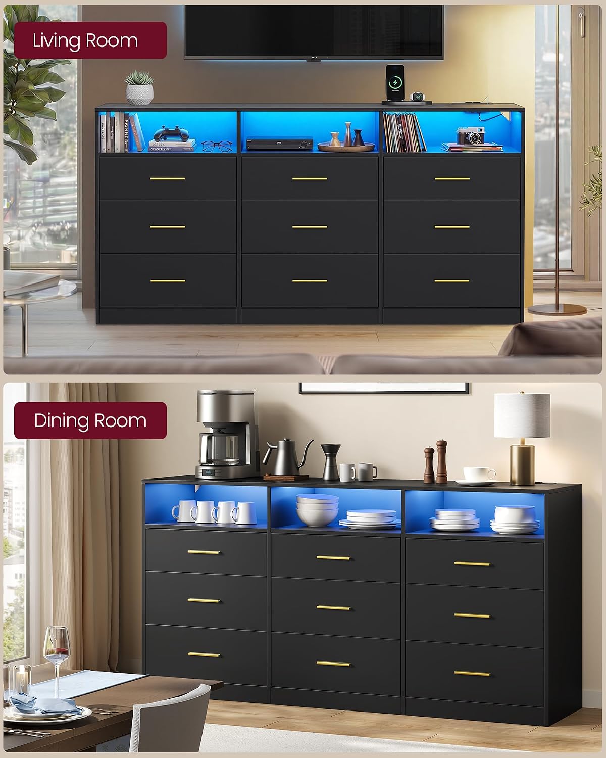 VASAGLE Custos Collection - Dresser for Bedroom, with LED Lights and Power Strip, Chest of Drawers, Modern, TV Stand for Living Room, 9 Drawers, 15.8 x 63 x 32 Inches, Ink Black ULTS319BC01S