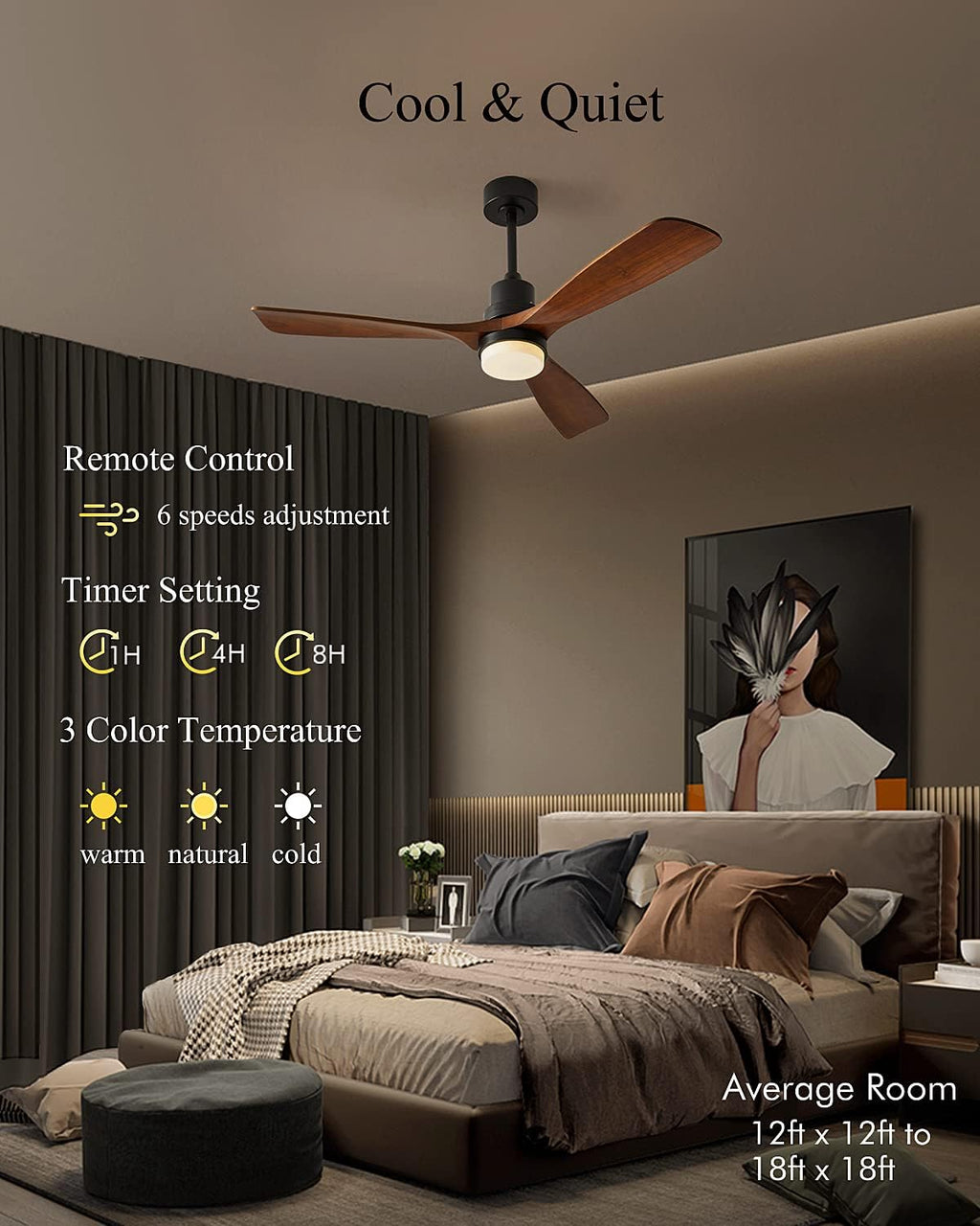 Ceiling Fans with Lights, 60' Wood Ceiling Fan with Remote Control, 3 Walnut Fan Blades Reversible Quiet DC Motor 6 Speeds Timing Farmhouse Ceiling Fan for Bedroom/Living Room/Study/Porch