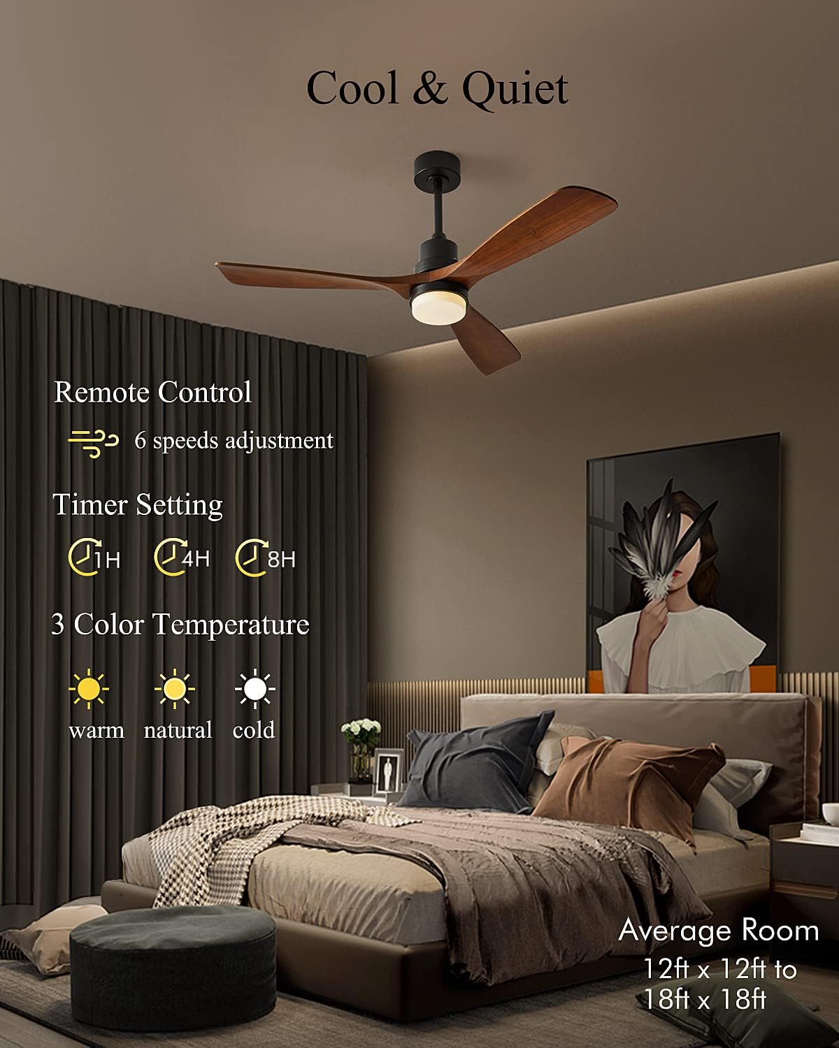 Ceiling Fans with Lights, 60' Wood Ceiling Fan with Remote Control, 3 Walnut Fan Blades Reversible Quiet DC Motor 6 Speeds Timing Farmhouse Ceiling Fan for Bedroom/Living Room/Study/Porch