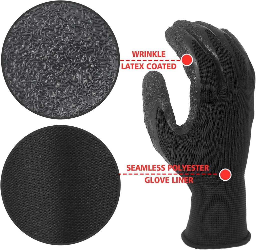 Evridwear Crinkle Latex Rubber Hand Coated Safety Work Gloves for Men Women General Multi Use Construction Warehouse Gardening Assembly Landscaping,Black Medium 120 Pairs Pack