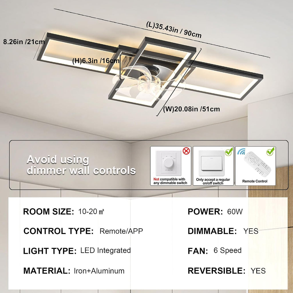 GEADI Modern Ceiling Fan with Light,Dimmable Flush Mount Ceiling Fans with Lights and Remote,35.4' Black Led Fandelier,Low Profile Ceiling Fan for Bedroom,Kitchen（6-Speed,Timing,3000-6000k）