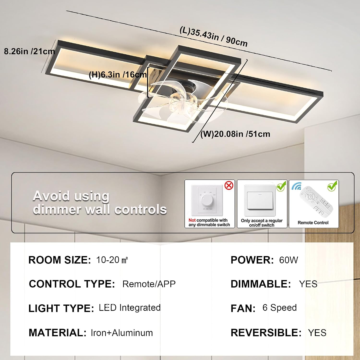 GEADI Modern Ceiling Fan with Light,Dimmable Flush Mount Ceiling Fans with Lights and Remote,35.4' Black Led Fandelier,Low Profile Ceiling Fan for Bedroom,Kitchen（6-Speed,Timing,3000-6000k）