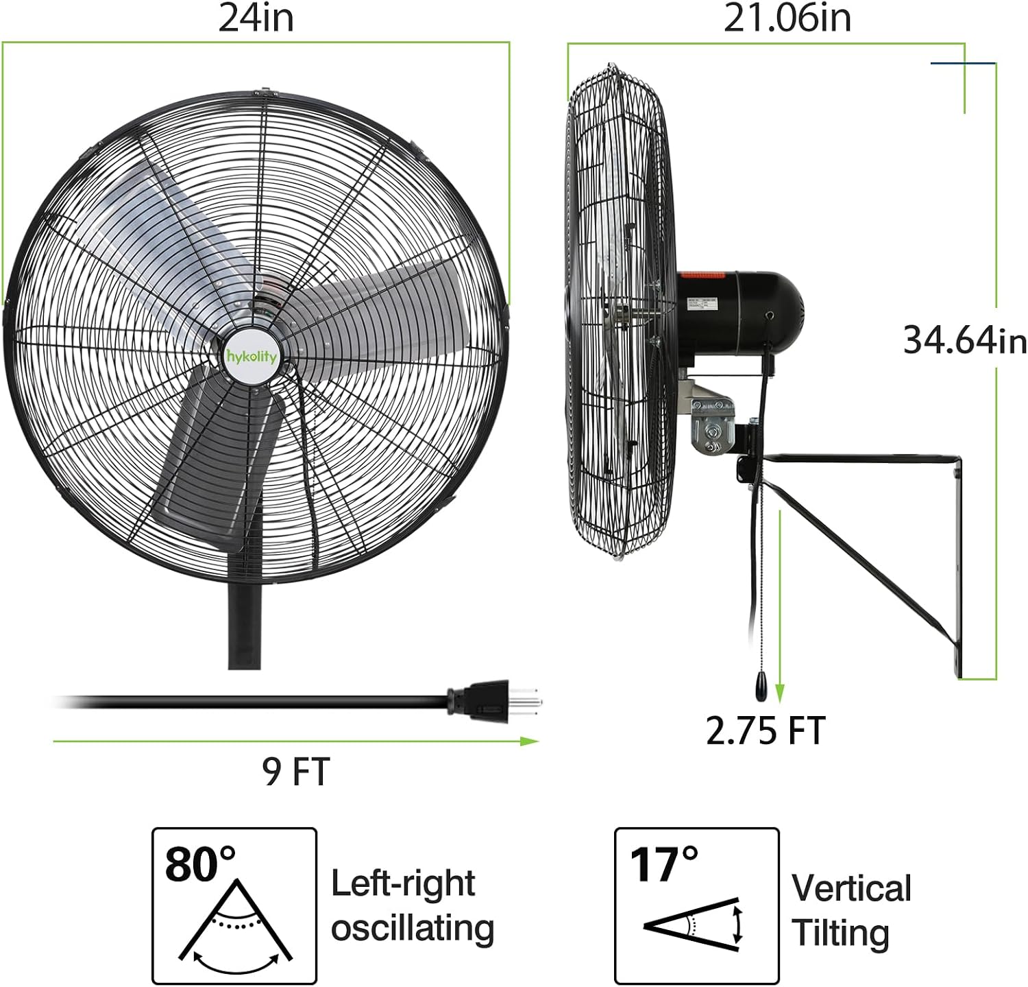 hykolity 6500 CFM 24 in. High Velocity Industrial Wall Fan, 3-Speed, Heavy Duty Wall Mount Oscillating Shop Fan for Commercial, Warehouse, Garage, Workshops, Factory and Jobsites- UL Listed