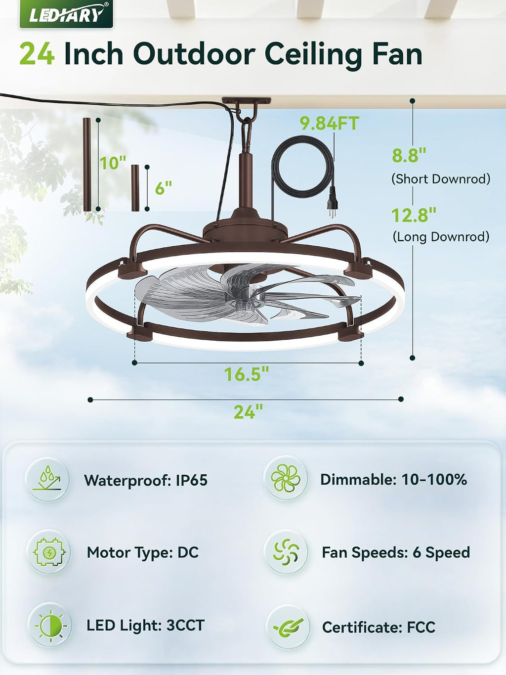 LEDIARY 24' Outdoor Ceiling Fans with Light for Patios, IP65 Waterproof Gazebo Fan, Plug-in Hanging Fan Remote&APP Control, 3CCT Dimmable, 6-Speeds, Caged Ceiling Fan for Gazebo,Patio,Pergola,Porch