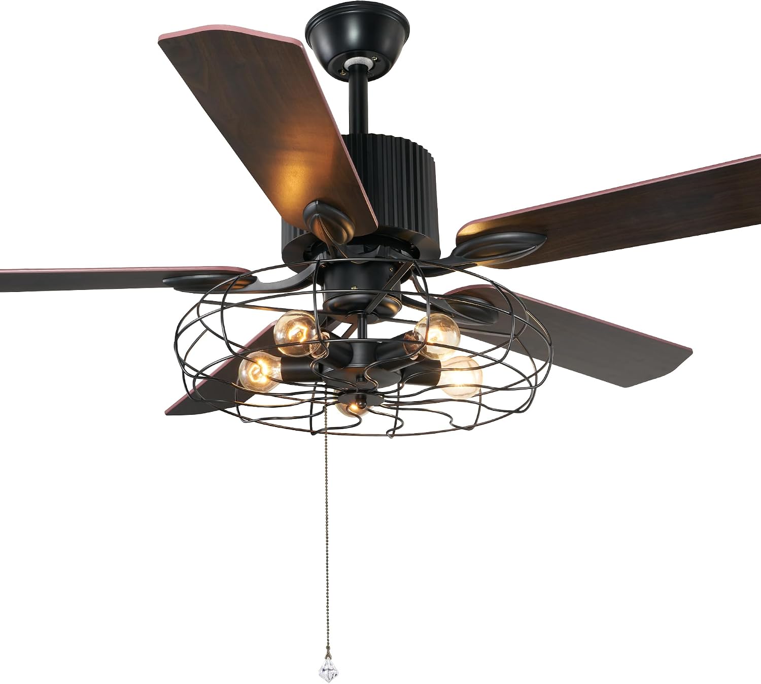 52Inch Industrial Ceiling Fan with Light, Vintage Metal Cage Ceiling Fans Reversible Retro 5 Wood Blades Remote 3 Speeds Timer Light Fixture for Living Room Farmhouse Dining Room Kitchen