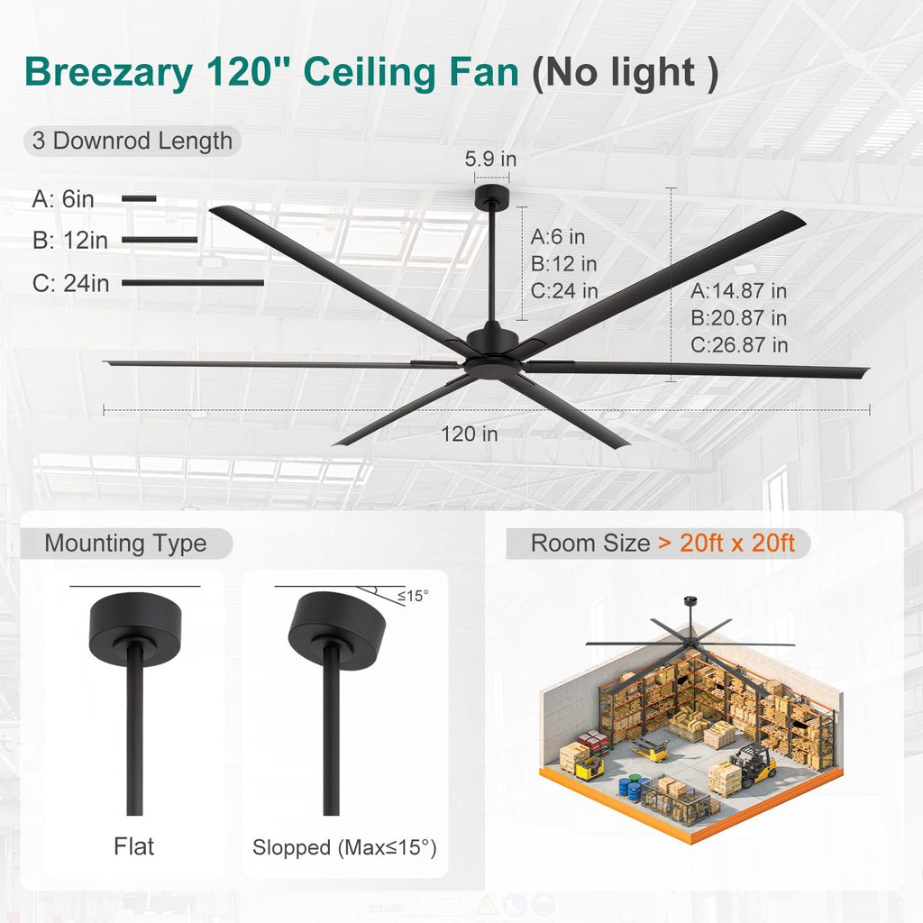120 Inch Ceiling Fan No Lights Extra Large HVLS 10ft Industrial Black Ceiling Fan without Light for High Ceiling Ultra-Quiet DC Motor 6 Aluminum Blades for Commercial Use Garage Warehouse Gym