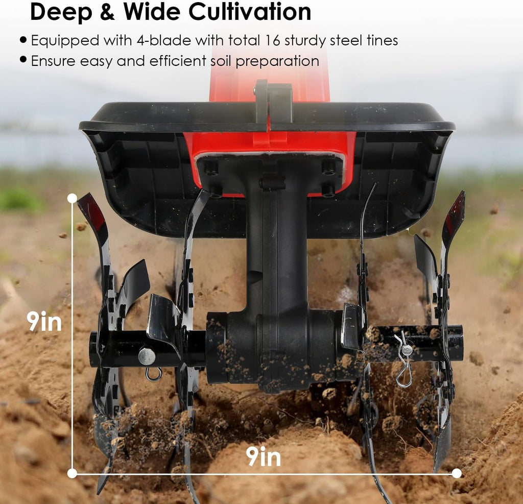 TeqHome 21V Cordless Tiller Cultivator, 300RPM Electric Garden Tiller with 16 Steel Tines, 4AH Battery & Charger, 9-in Tilling Width & 9-in Depth Garden Rototiller for Lawn/Gardening/Soil Cultivation