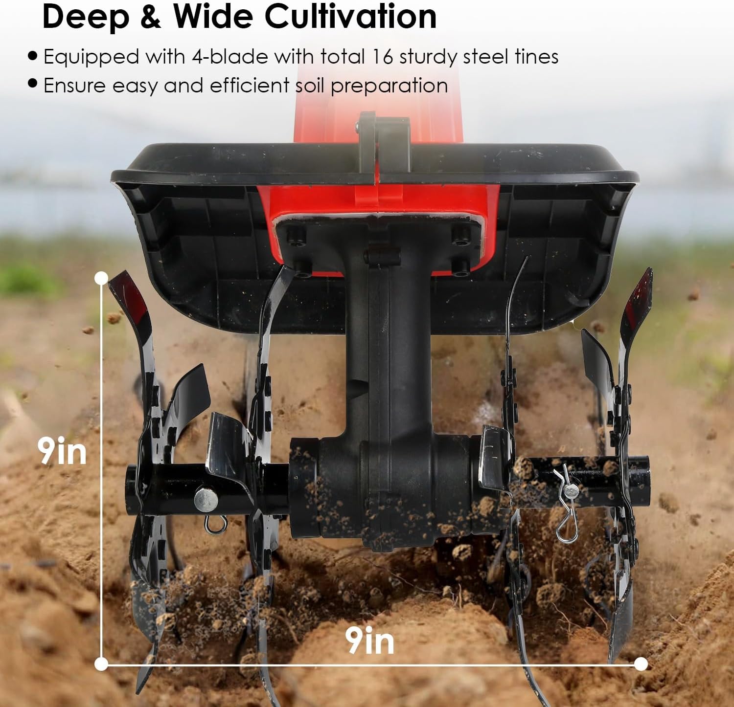 TeqHome 21V Cordless Tiller Cultivator, 300RPM Electric Garden Tiller with 16 Steel Tines, 4AH Battery & Charger, 9-in Tilling Width & 9-in Depth Garden Rototiller for Lawn/Gardening/Soil Cultivation