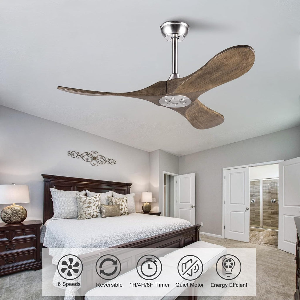 42 Inch Solid Wood Ceiling Fan with Remote,Outdoor Ceiling Fan no Light,6 Speeds,Noiseless,Reversible DC Motor,Modern Ceiling Fans without Lights for Bedroom Farmhouse Patios Study Brushed Nickel