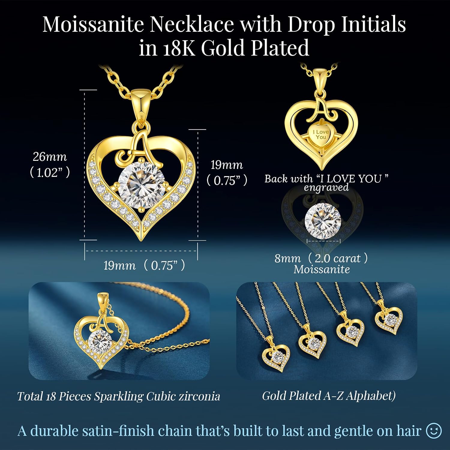 CDE 18K Gold Plated Initial Love Heart 2 Carat Moissanite Necklaces for Women 925 Sterling Silver Jewelry Christmas Anniversary Birthday Present Gifts for Wife Lady Girlfriend Her