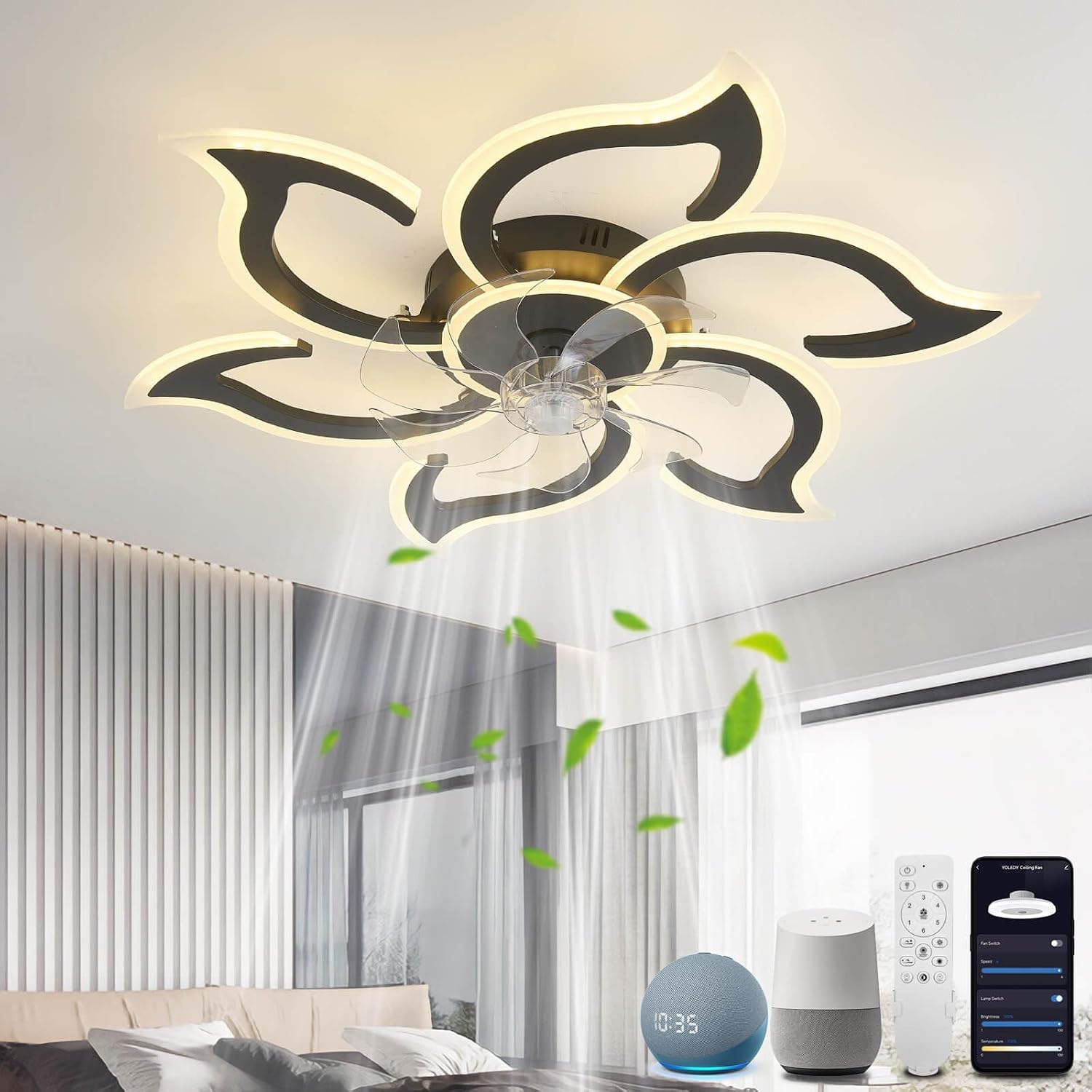 Ceiling Fan with Light and Remote, Ceiling Fan Lamp, Compatible with Alexa Google Home, Intelligent Ceiling Blades with Light and Remote Control, Dimmable, Reversible 6 Speeds, DC Motor (Color : 2)