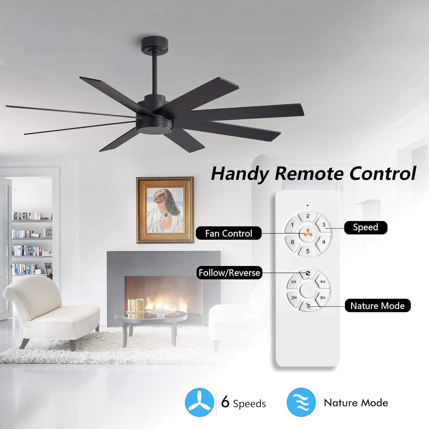 WINGBO 60' Large DC Ceiling Fans without Lights, 3 Downrods, 8 Plywood Blades, 6-Speeds Reversible DC Motor, Indoor Ceiling Fan No Lights for Bedroom Living Room Patio, Black