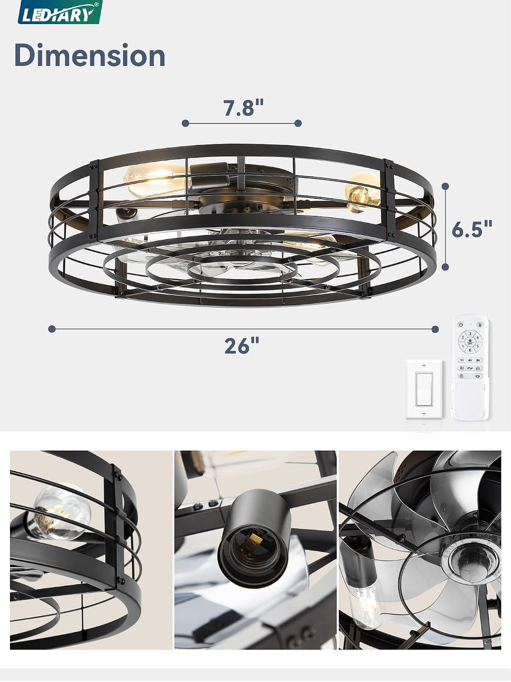 LEDIARY 26' Caged Ceiling Fan with Light and Remote, Low Profile Flush Mount Fandelier, Black Bladeless Enclosed Small Fan Lights Ceiling Fixtures, Rustic Farmhouse Style for Bedroom, Outdoor