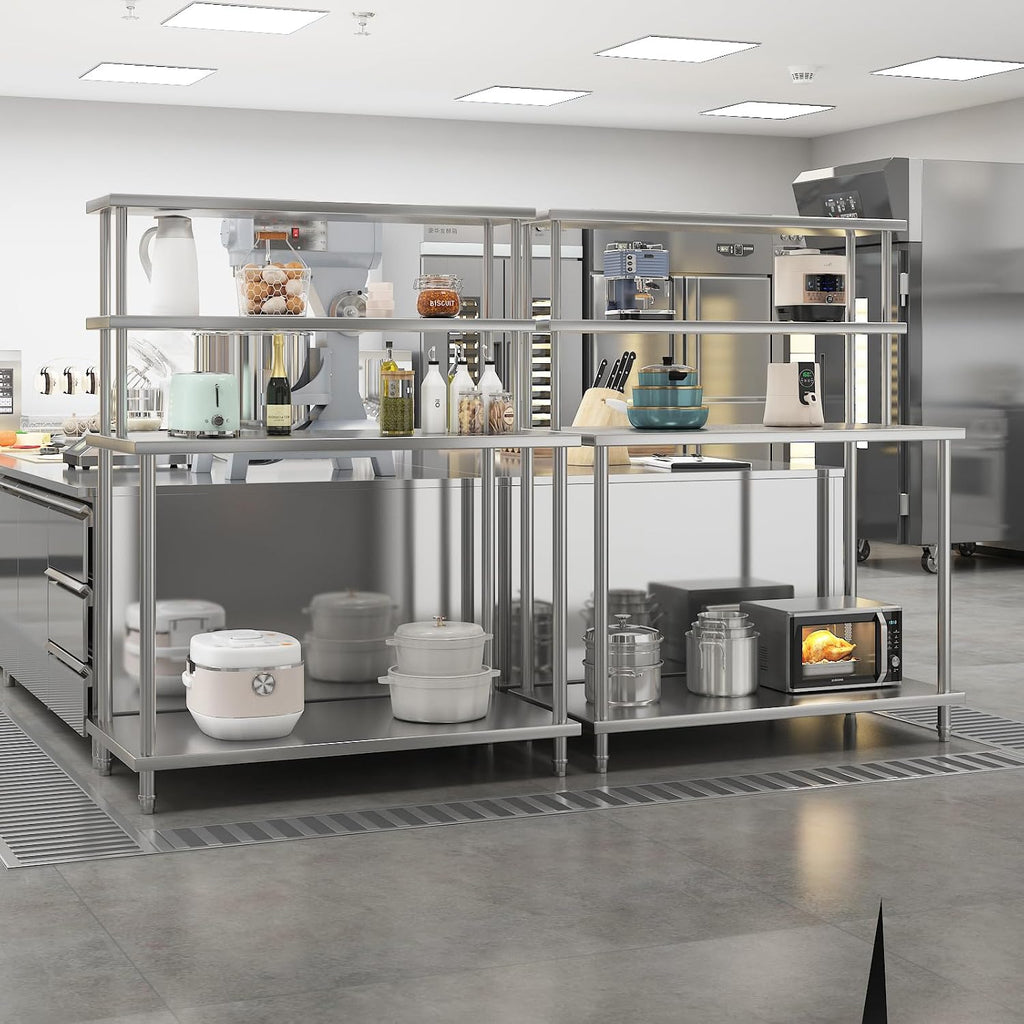 Garvee 48 in x24 in Stainless Steel Table with Shelves, Commercial Kitchen Prep Table with 2 Tier Overshelf, Heavy Duty Metal Worktable for Home Kitchen Restaurant Garage Warehouse