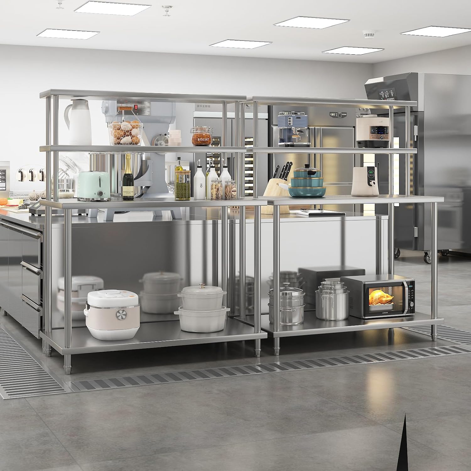Garvee 48 in x24 in Stainless Steel Table with Shelves, Commercial Kitchen Prep Table with 2 Tier Overshelf, Heavy Duty Metal Worktable for Home Kitchen Restaurant Garage Warehouse