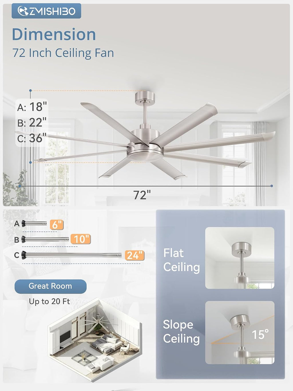 ZMISHIBO 72 Inch Large Ceiling Fan No Light, 8 Aluminum Blades, 6-Speed Remote Control, Industrial Ceiling Fan without Light, Quiet DC Motor, Indoor/Outdoor Ceiling Fans for Patio, Garage, Shop