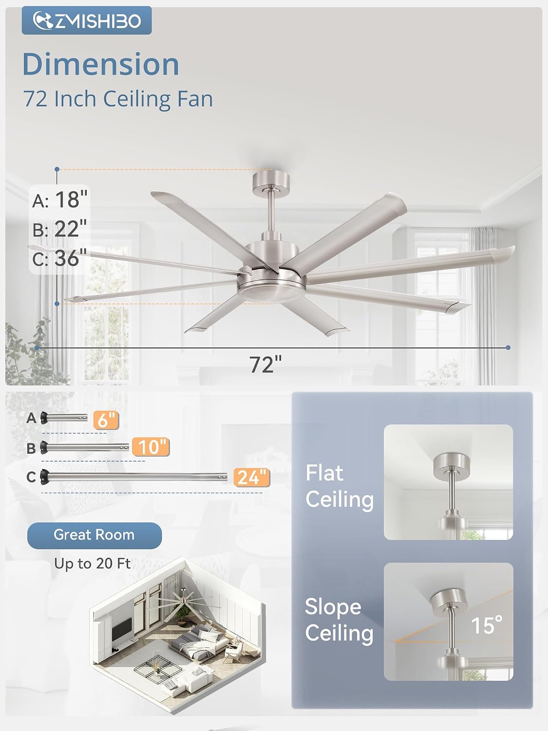 ZMISHIBO 72 Inch Large Ceiling Fan No Light, 8 Aluminum Blades, 6-Speed Remote Control, Industrial Ceiling Fan without Light, Quiet DC Motor, Indoor/Outdoor Ceiling Fans for Patio, Garage, Shop