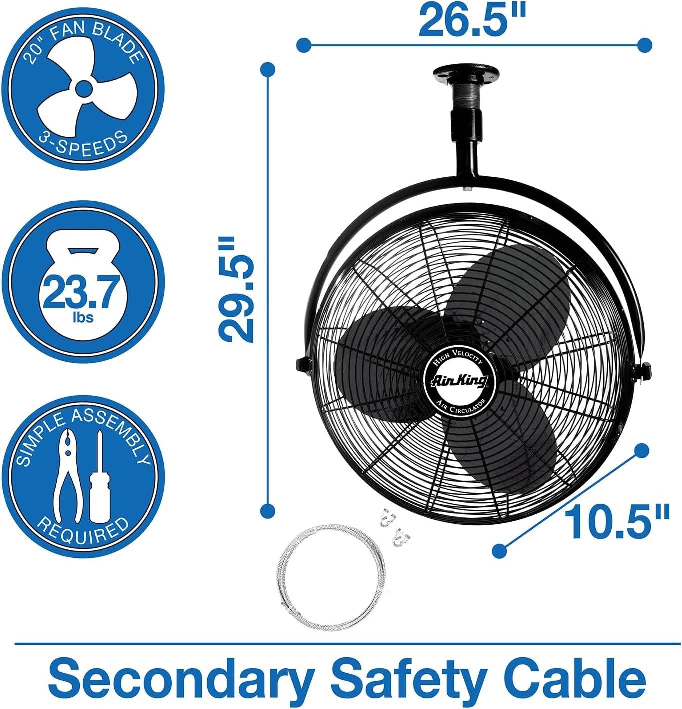 Air King 9320 20-Inch 1/6-Horsepower Industrial Grade Ceiling Mount Fan with 3,670-CFM, Black Finish