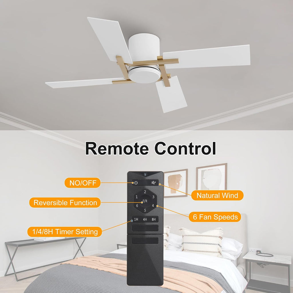 WINGBO 48 Inch Flush Mount Ceiling Fan without Light - 4 Plywood Blades, 6-Speed Reversible DC Motor, Noiseless Low Profile Ceiling Fan No Light for Bedroom Living Room, Gold and White