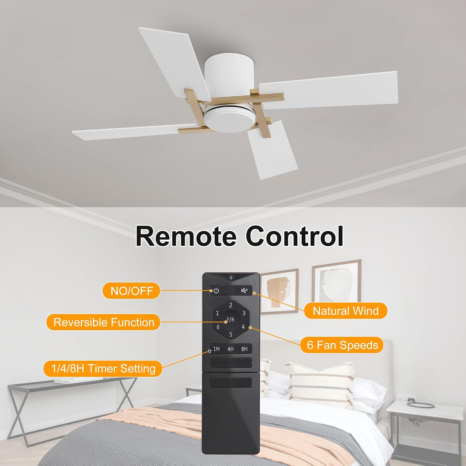 WINGBO 48 Inch Flush Mount Ceiling Fan without Light - 4 Plywood Blades, 6-Speed Reversible DC Motor, Noiseless Low Profile Ceiling Fan No Light for Bedroom Living Room, Gold and White