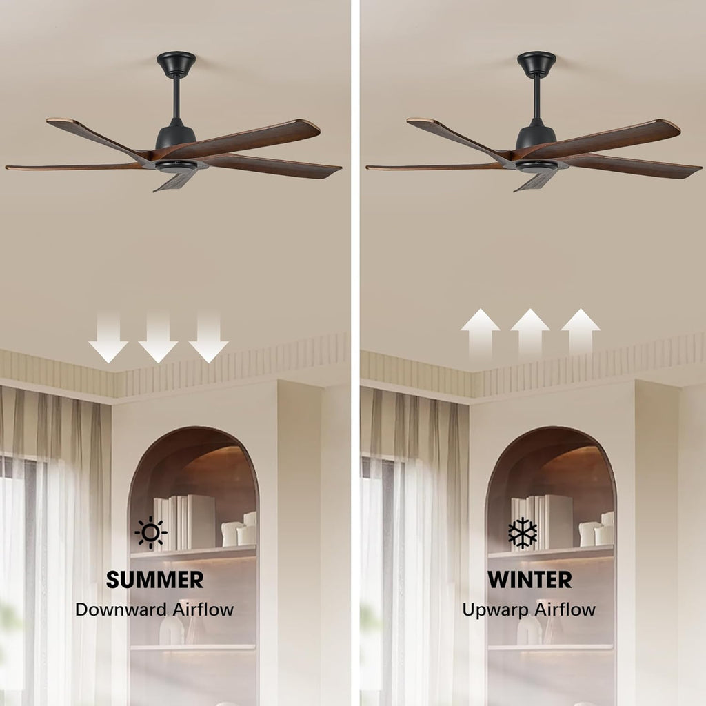60 Inch Solid Wood Ceiling Fan No Lights, Remote and APP Control, DC Motor, 6-speed Reversible, Outdoor Ceiling Fans for Bedroom, Living Room, Office, Dark Walnut