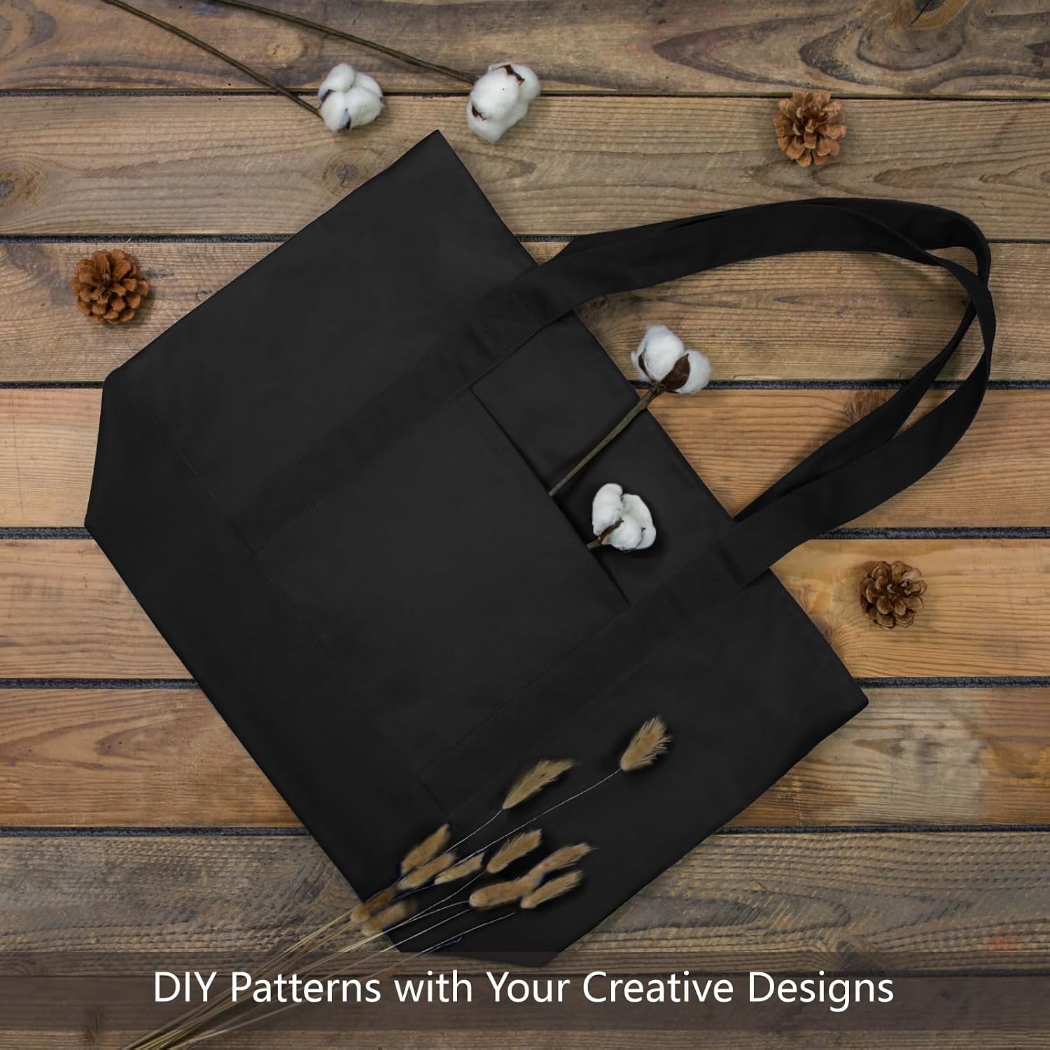 TOPDesign 30-Pack Canvas Tote Bags with an External Pocket, Reusable Grocery Shopping Bags, Top Zipper Closure, Daily Essentials (Black)