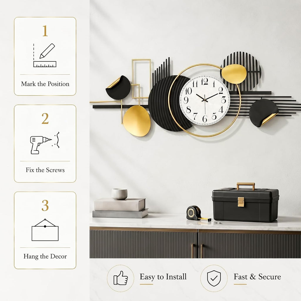 HAVFIFK 59' Large Metal Wall Clock,3D Silent Clock for Living Room | Layered Geometric Design, Easy to Install, Vertical or Horizontal Hanging Wall Art Decor for Bedroom, Dining Room, Office.