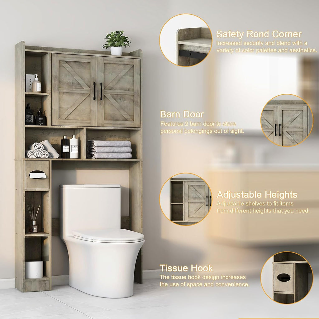 Over The Toilet Storage Cabinet, Farmhouse Storage Cabinet Over Toilet with 2 Barn Door & Toilet Paper Holder Stand，Home Space-Saving Toilet Rack, for Bathroom, Restroom, Laundry