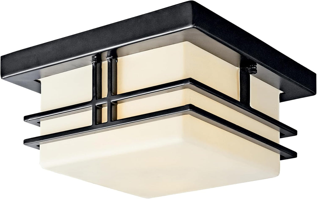 Kichler Tremillo 11.5' Outdoor Semi Flush Light in Black, 2-Light Exterior Ceiling Light with Satin Etched Cased Opal Glass, (11.5' W x 6.5' H), 49206BK