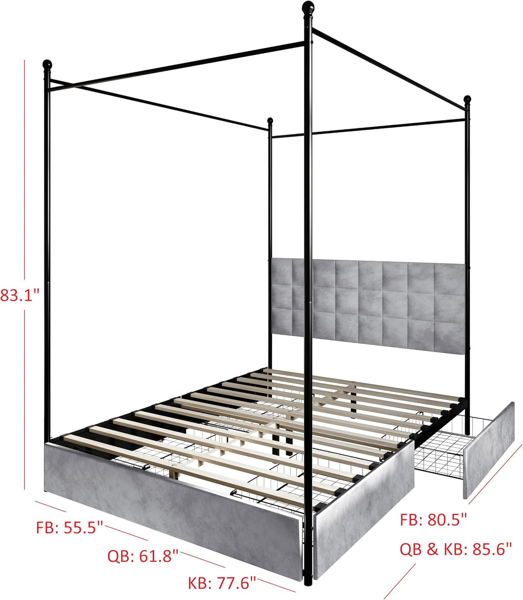 HOME DESIGN Hobart Upholstered Metal Storage Canopy Bed King with Square-Tufted Velvet Headboard & 4 Drawers, Modern Platform Bed with Foam Padding