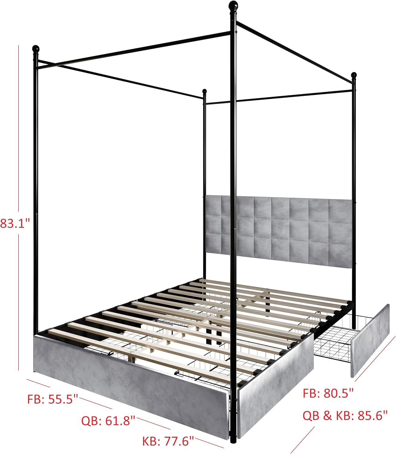 HOME DESIGN Hobart Upholstered Metal Storage Canopy Bed King with Square-Tufted Velvet Headboard & 4 Drawers, Modern Platform Bed with Foam Padding