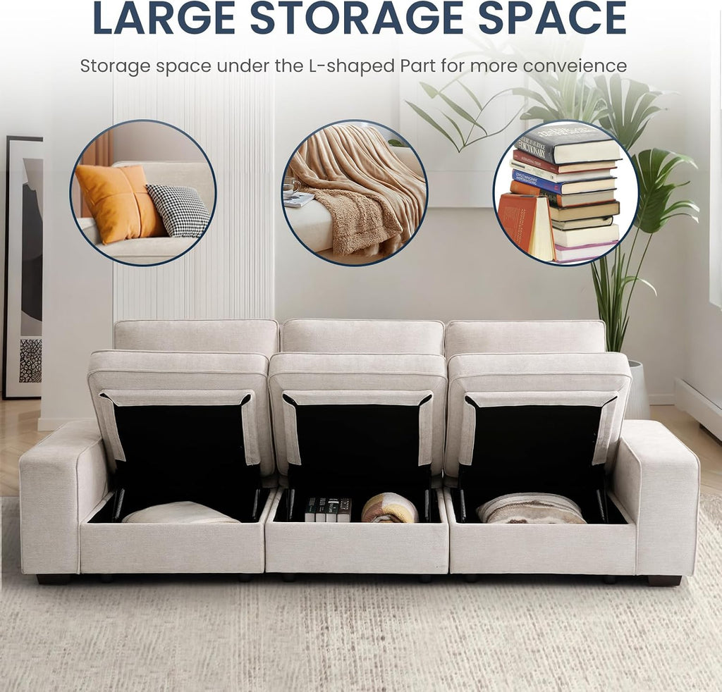 TEKAMON 128' Modular Sofa Couch with Large Seats Storage, Chenille Sofa,Modern Comfy 4-Seater Couch for Living Room, Office, Deep Seat, Wide Armrest, Side Pockets, USB Port, Removable Covers, Beige