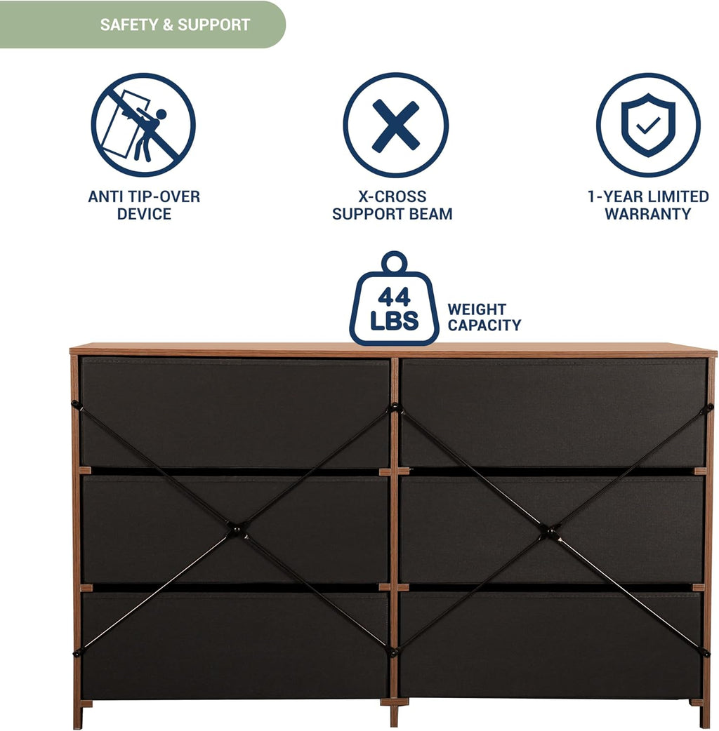Modern 6-Drawer Dresser with Spacious Storage, Sturdy Wood Frame, Large Capacity Fabric Drawers, Dressers for Bedroom, Home Organization Storage for Living Room or Hallway, Walnut