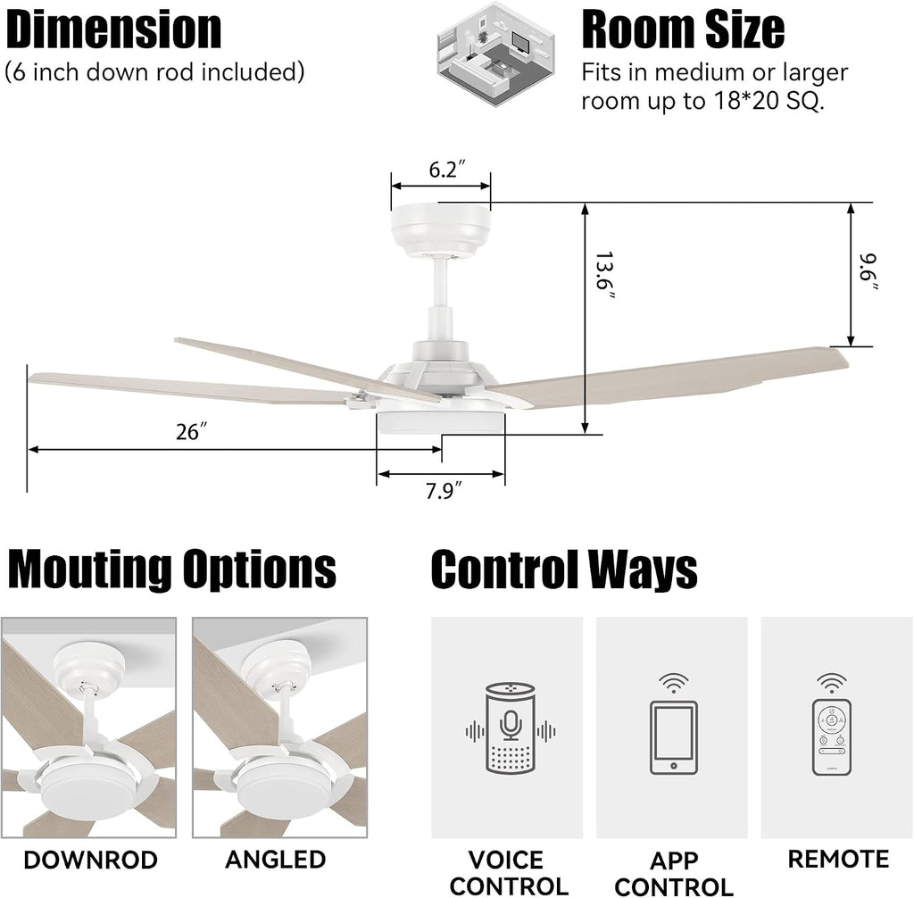 SMAAIR 5 Blades Outdoor Smart Ceiling Fan with Dimmable Light Kit and 10-Speed DC Motor, Works with Remote Control/Alexa/Google Home/Siri, Timer, Schedule (White/Wooden Pattern)