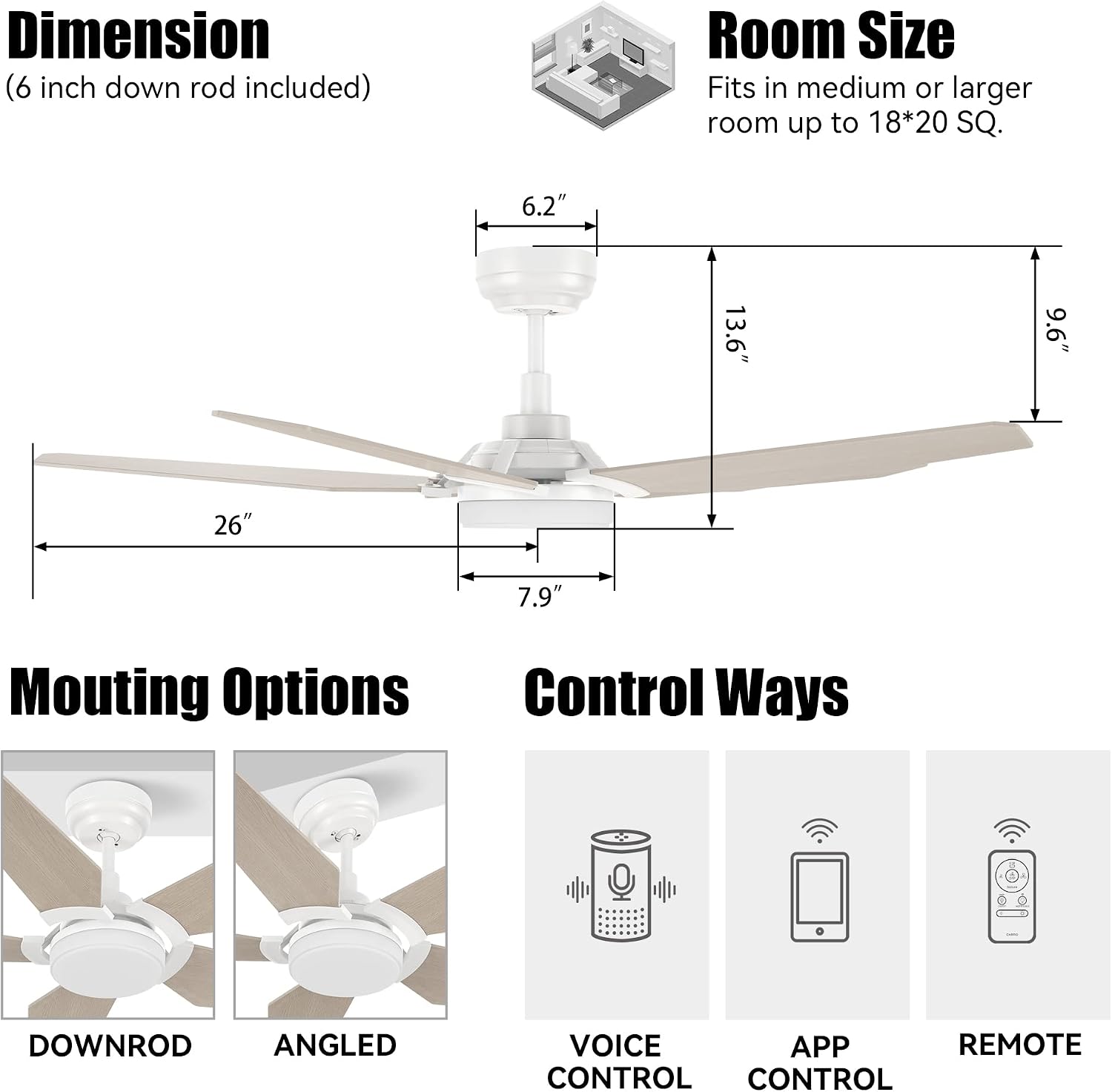 SMAAIR 5 Blades Outdoor Smart Ceiling Fan with Dimmable Light Kit and 10-Speed DC Motor, Works with Remote Control/Alexa/Google Home/Siri, Timer, Schedule (White/Wooden Pattern)