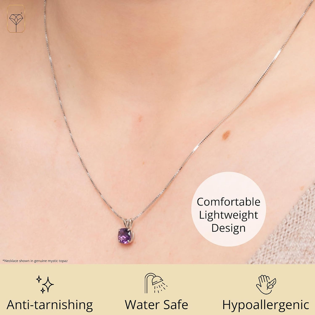 MAX + STONE Cushion Cut Gemstone Necklace | 8mm Solitaire Birthstone Necklace for Women | Gemstone Pendant Necklaces with 18 inch Box Chain