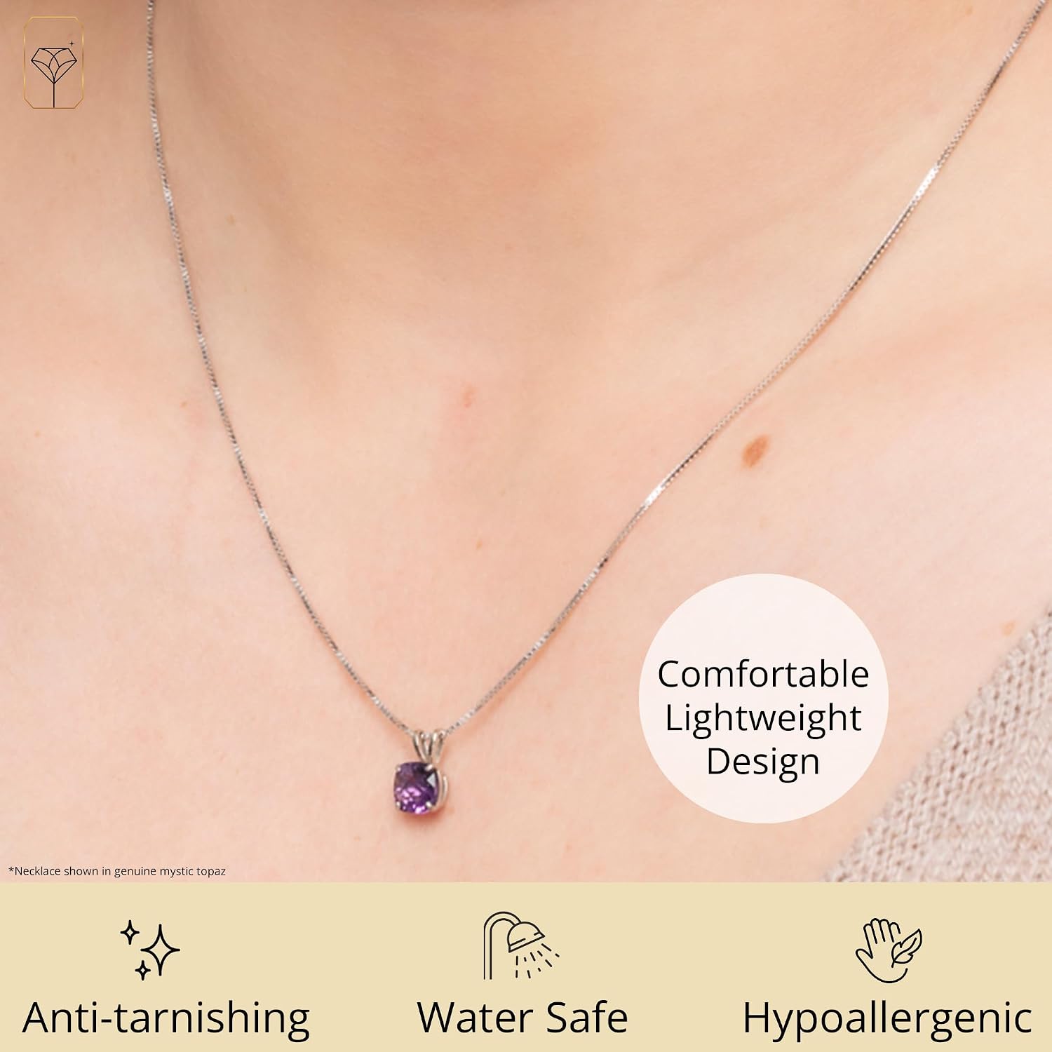 MAX + STONE Cushion Cut Gemstone Necklace | 8mm Solitaire Birthstone Necklace for Women | Gemstone Pendant Necklaces with 18 inch Box Chain