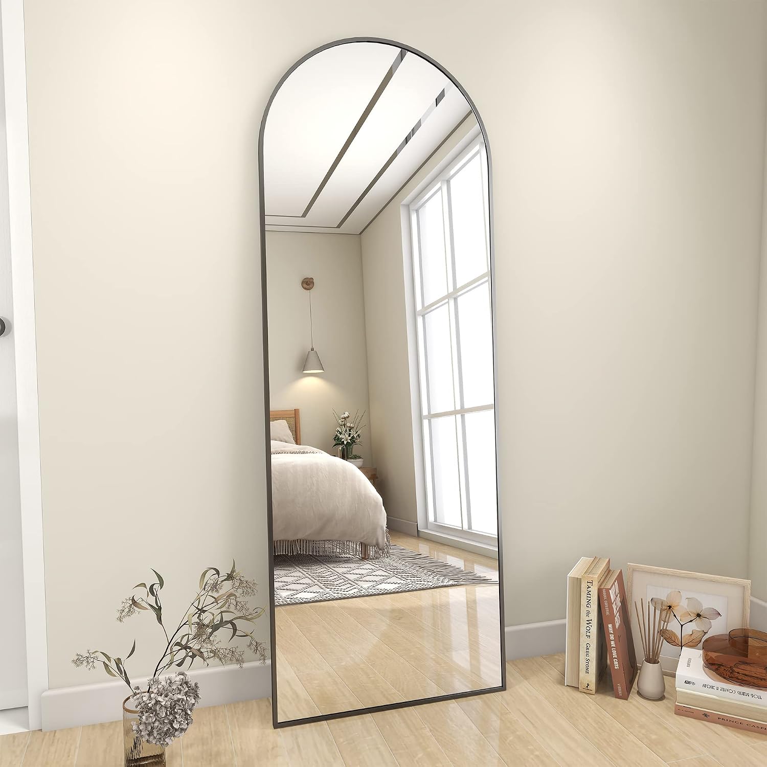 Koonmi Arched Full Length Mirror, 64'x21' Black Standing Hanging or Leaning Full Body Mirror with Aluminum Alloy Frame for Living Room and Bedroom