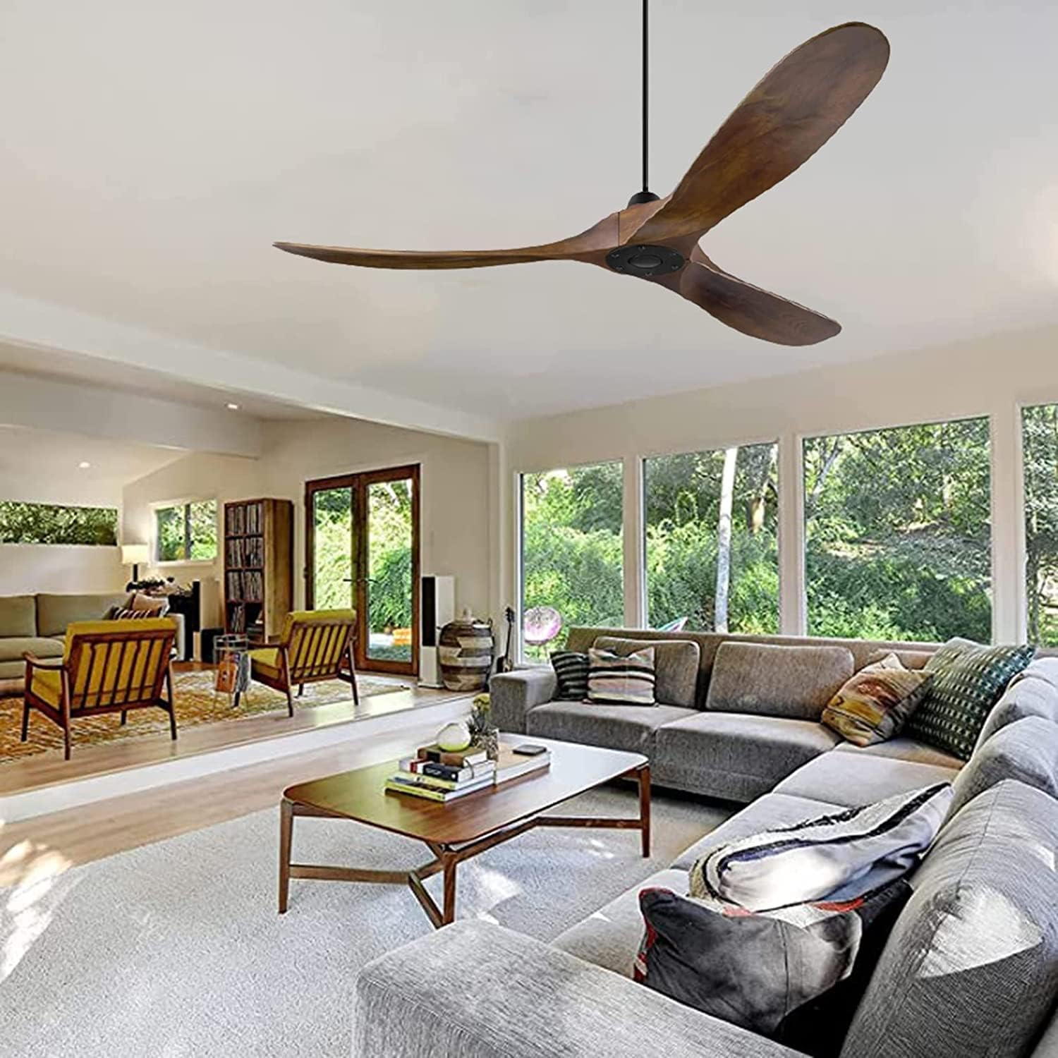 Ceiling Fan without Lights, 60 Inch Outdoor/ Indoor Damp Ceiling Fan 3 Blade low profile Ceiling Fan with Noiseless Energy Efficient DC Motor for Patio Farmhouse Bedroom (60 inch, Walnut Ceiling Fan)