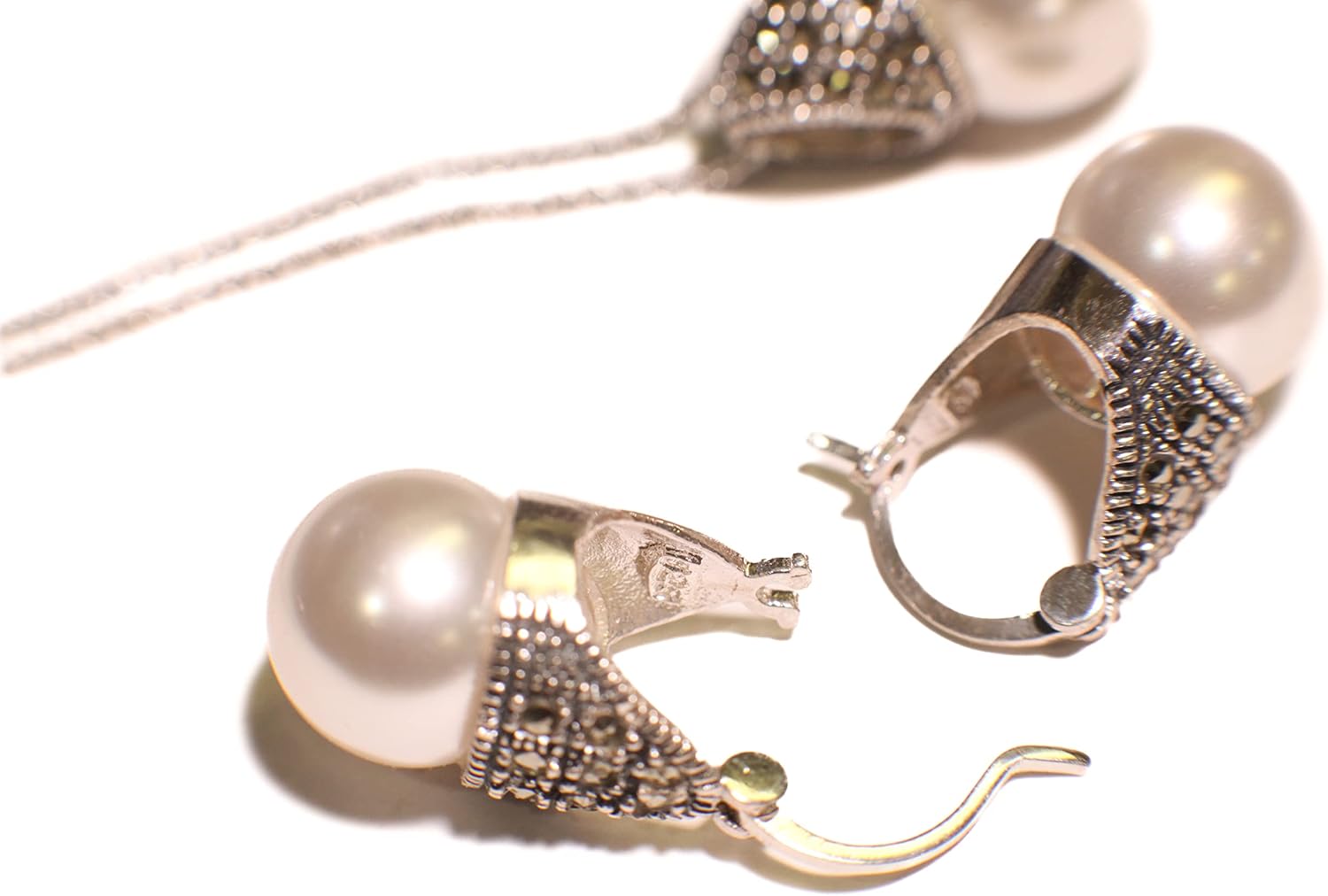 925 Sterling Silver Marcasite with Pearl 14mm Pendant, Earrings Set, Sterling Silver Chain Necklace Jewelry Set